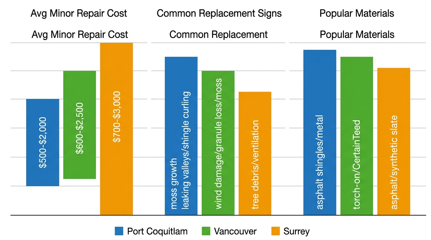 Bar chart comparing roofing repair costs, replacement signs, and materials in Port Coquitlam, Vancouver, and Surrey