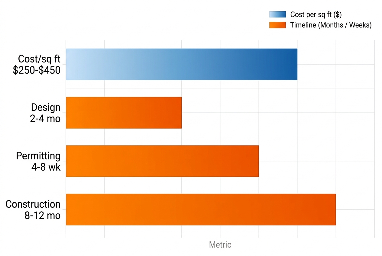 Horizontal bar chart comparing custom home building costs and timelines in Denver area with metric ranges