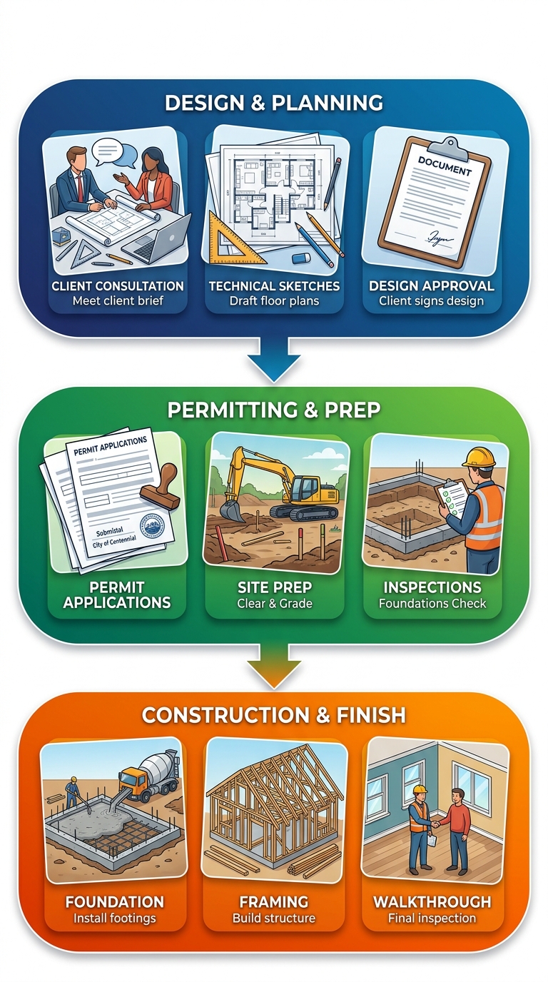 Vertical process flow diagram showing three stages of custom home construction: design and planning, permitting and pre-construction, construction and finishing.