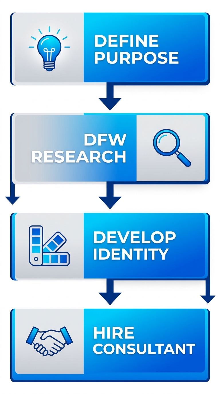 Vertical process flow illustrating four steps to begin brand strategy: define purpose, DFW market research, develop identity, hire consultant with icons.