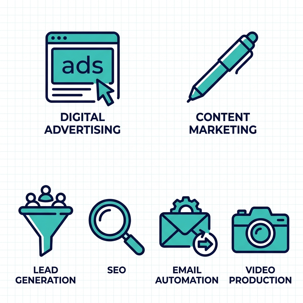 Grid of six icons depicting B2B marketing services including digital advertising, content marketing, lead generation, SEO, email automation, and video production