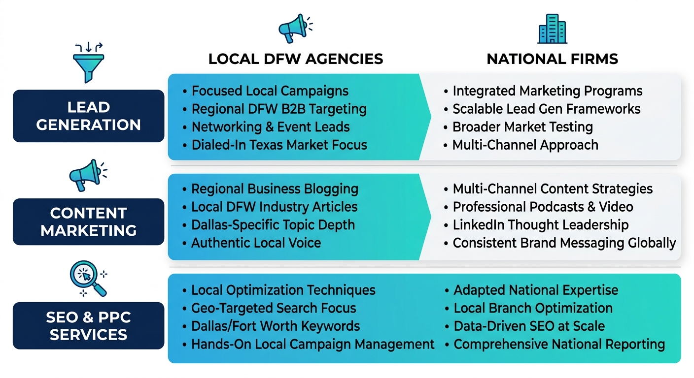 Infographic comparing B2B marketing capabilities of local DFW agencies versus national firms across key service areas