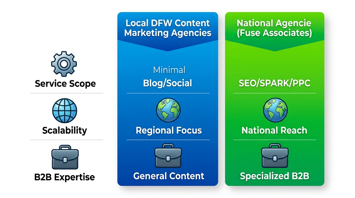Infographic comparing local DFW content marketing agencies versus national agencies across service scope, scalability, and B2B expertise