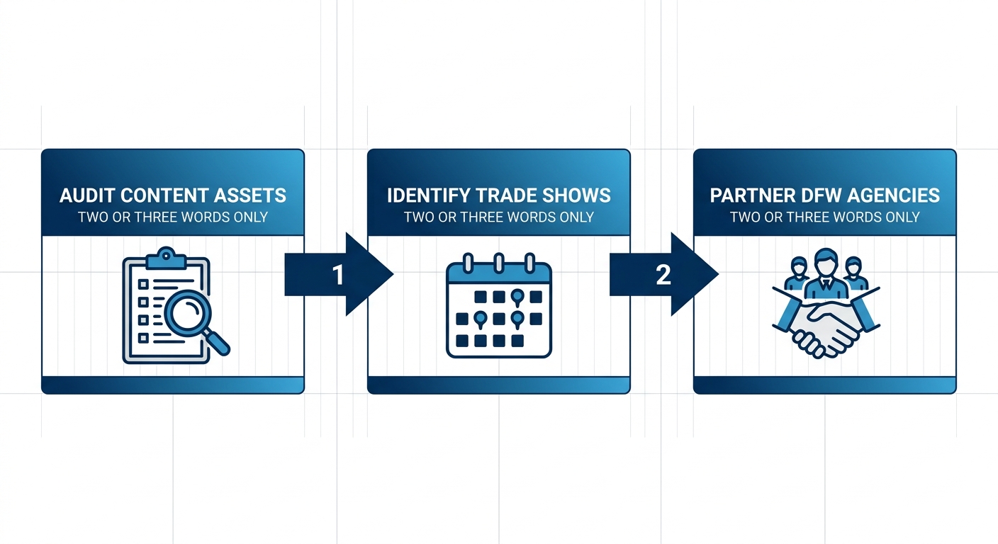Horizontal process flow diagram illustrating three steps to launch content marketing in DFW: audit assets, identify trade shows, partner agencies