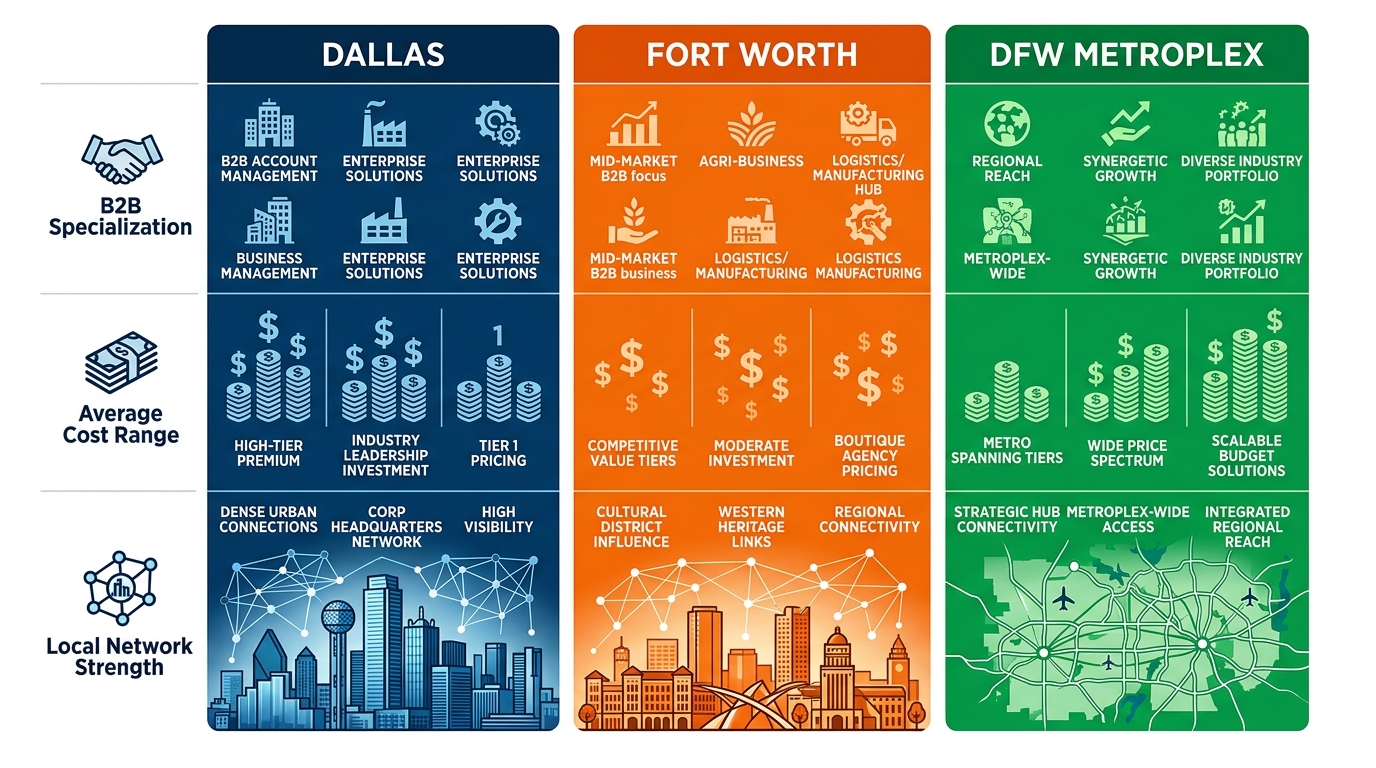 Infographic comparing branding resources in Dallas, Fort Worth, and DFW Metroplex across B2B specialization, cost ranges, and local networks