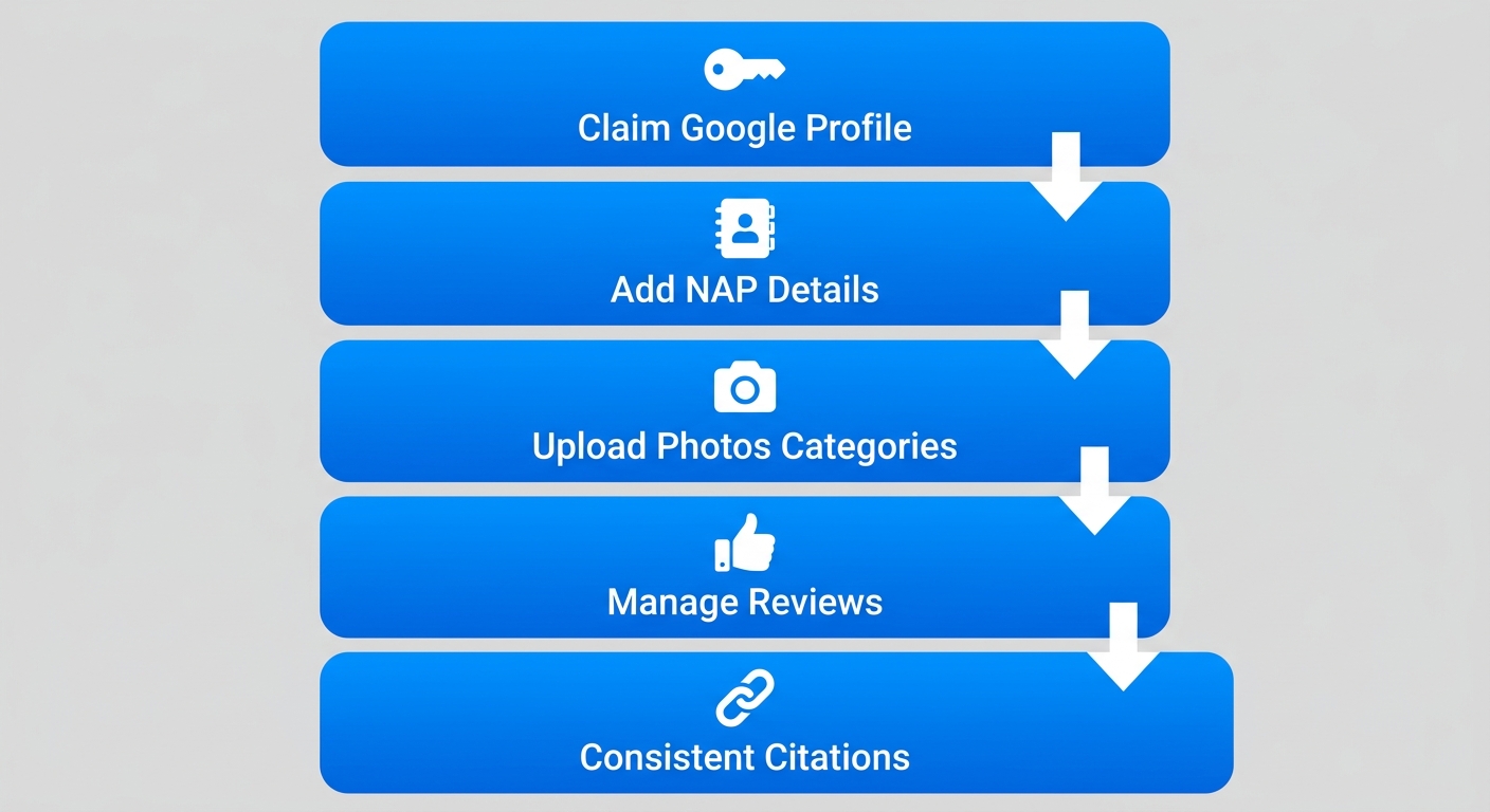 Vertical process flow diagram of 5 key steps for local SEO essentials in the DFW area