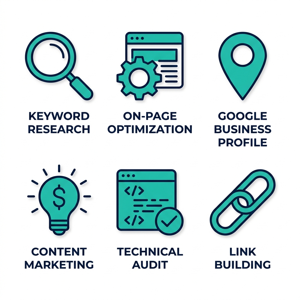 Square grid of 6 icons showing key SEO services: keyword research, on-page optimization, Google Business Profile management, content marketing, technical audit, link building