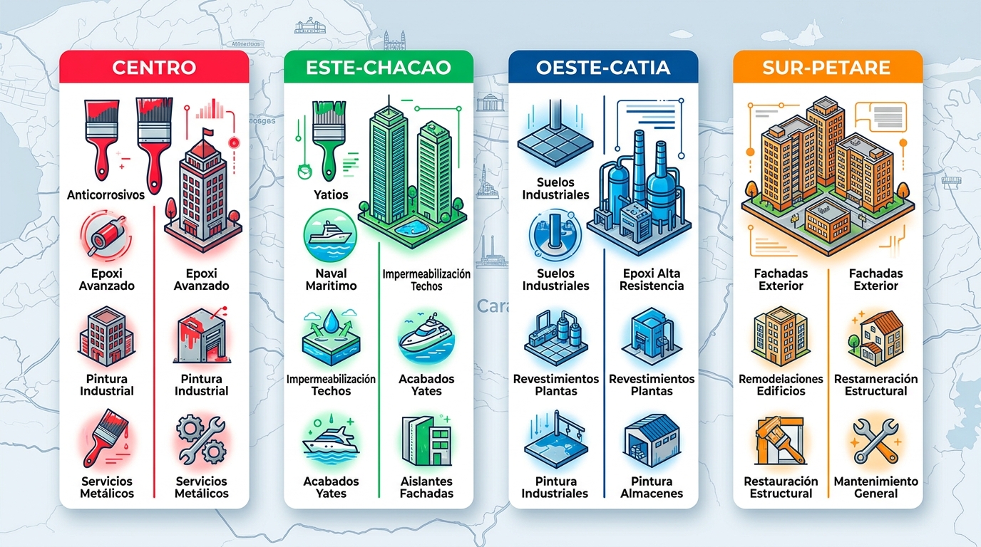 Infografía comparativa de especialidades de pintores en áreas clave de Caracas: Centro, Este, Oeste y Sur con íconos y colores distintivos