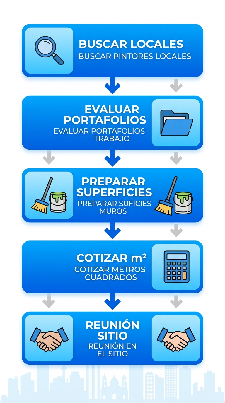 Diagrama de flujo vertical de cinco etapas para comenzar proyectos con pintores en Caracas: buscar, evaluar, preparar superficies, cotizar y reunirse.
