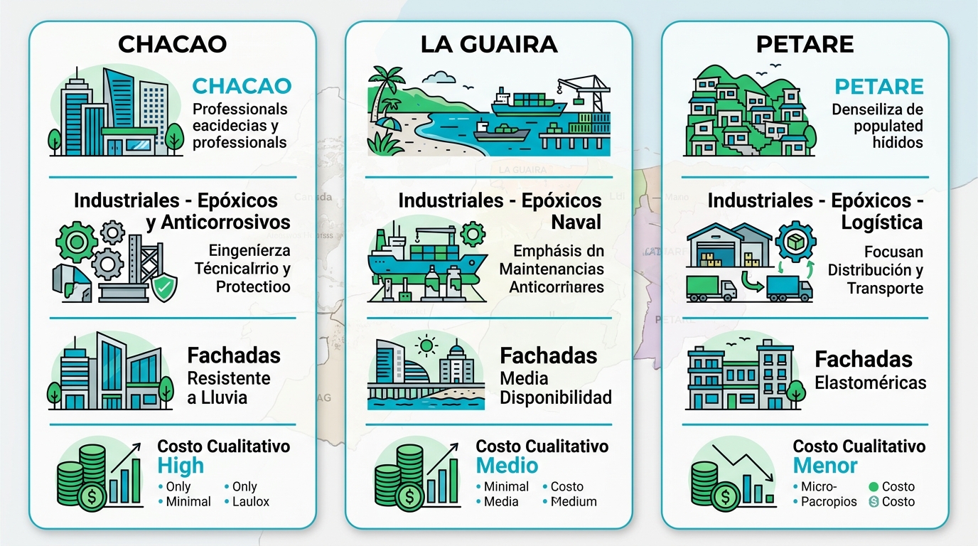 Infografía comparativa de servicios de aplicación de pinturas en zonas de Caracas: Chacao, La Guaira y Petare con énfasis en industriales, fachadas y costos