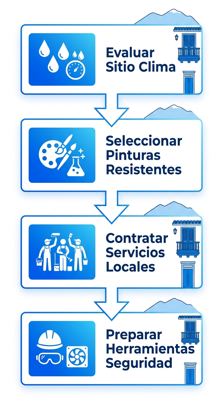 Diagrama de flujo vertical de cuatro etapas para iniciar un proyecto de pintura en Caracas: evaluación de sitio, selección de pinturas, contratación de servicios y preparación de herramientas.
