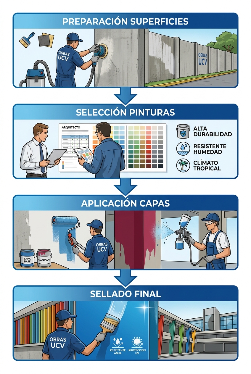 Diagrama de flujo vertical de cuatro etapas del servicio de aplicación de pinturas profesionales en Caracas: preparación, selección, aplicación y sellado.