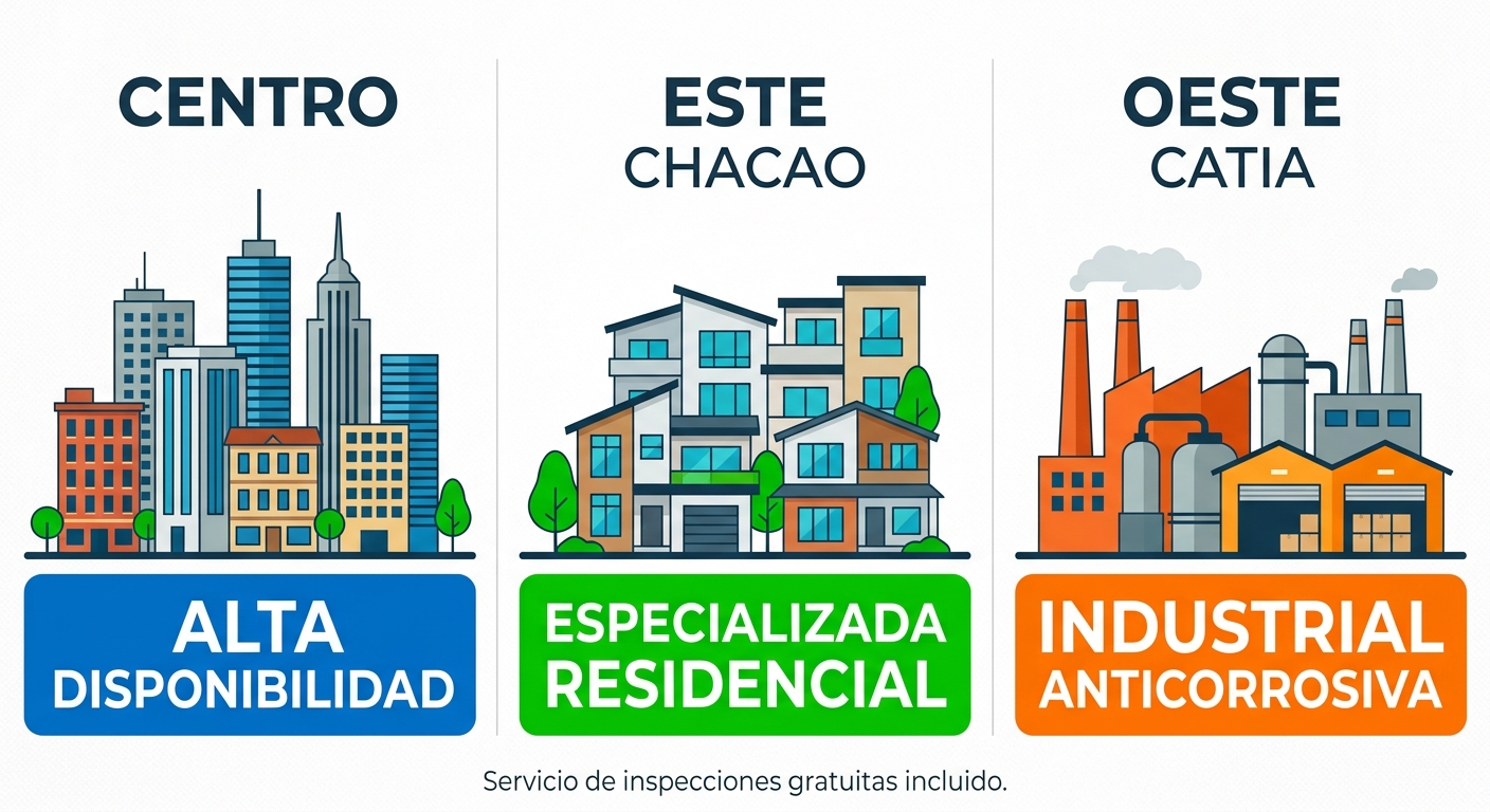Infografía horizontal comparando zonas de Caracas para servicios de pinturas: Centro (edificios), Este Chacao (casas residenciales), Oeste Catia (industrial).