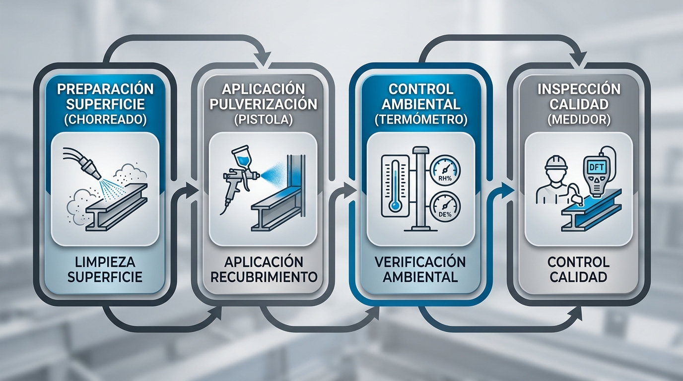Flujo de proceso ilustrado con cuatro etapas de aplicación de recubrimientos anticorrosivos: preparación, aplicación, control ambiental e inspección de calidad.