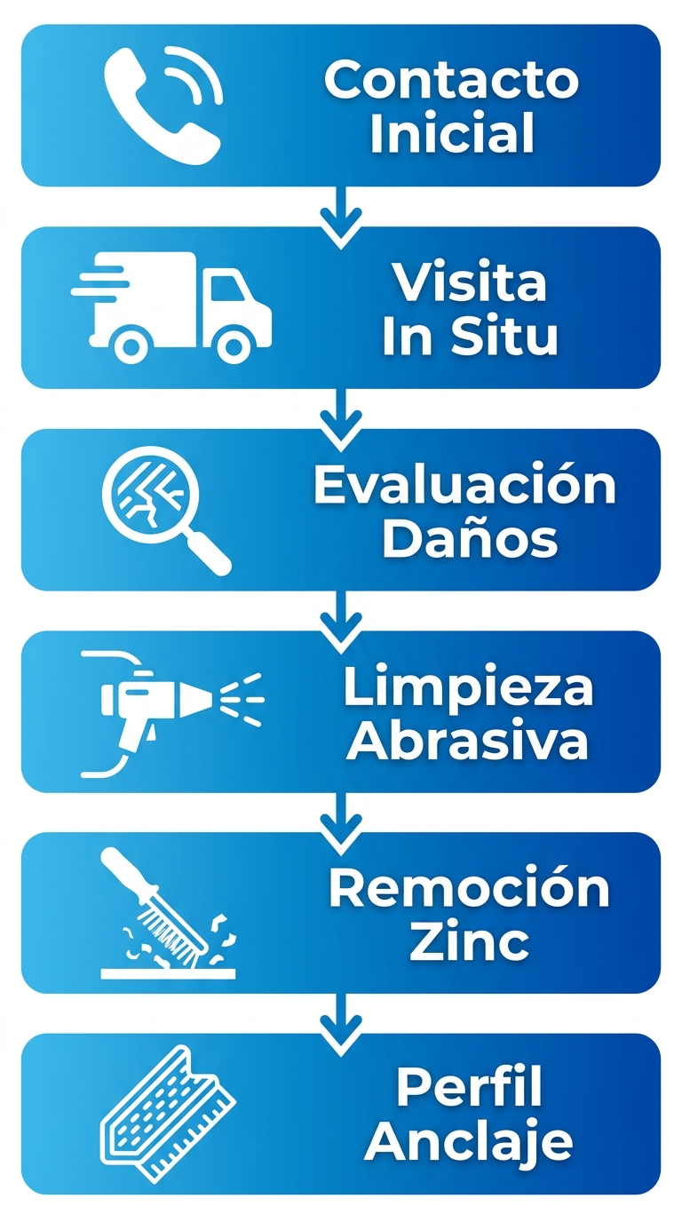 Diagrama de flujo vertical de seis etapas para inspecciones gratuitas y preparación de superficies en recubrimientos