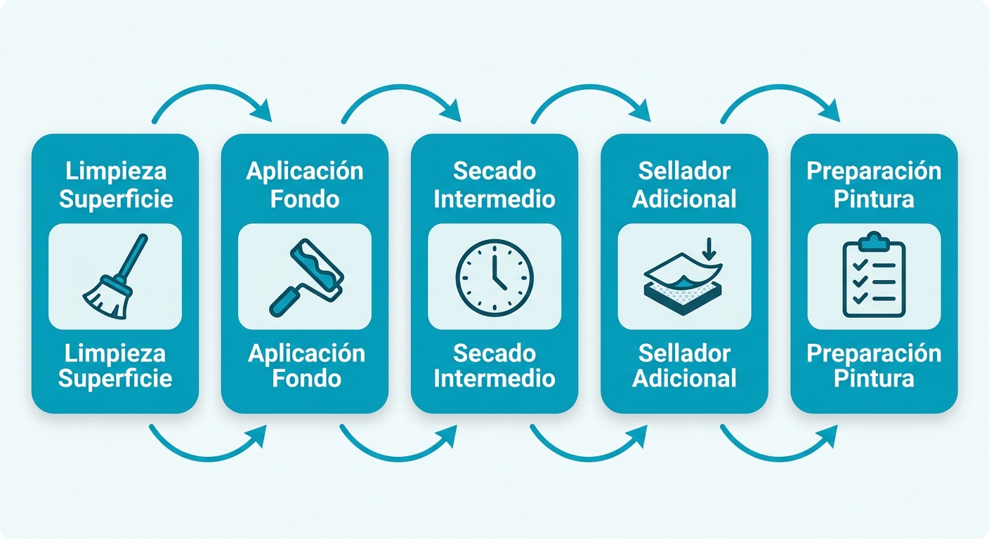 Diagrama de flujo horizontal de cinco etapas para aplicación de antialcalinos en fachadas: limpieza, fondo, secado, sellador y preparación.