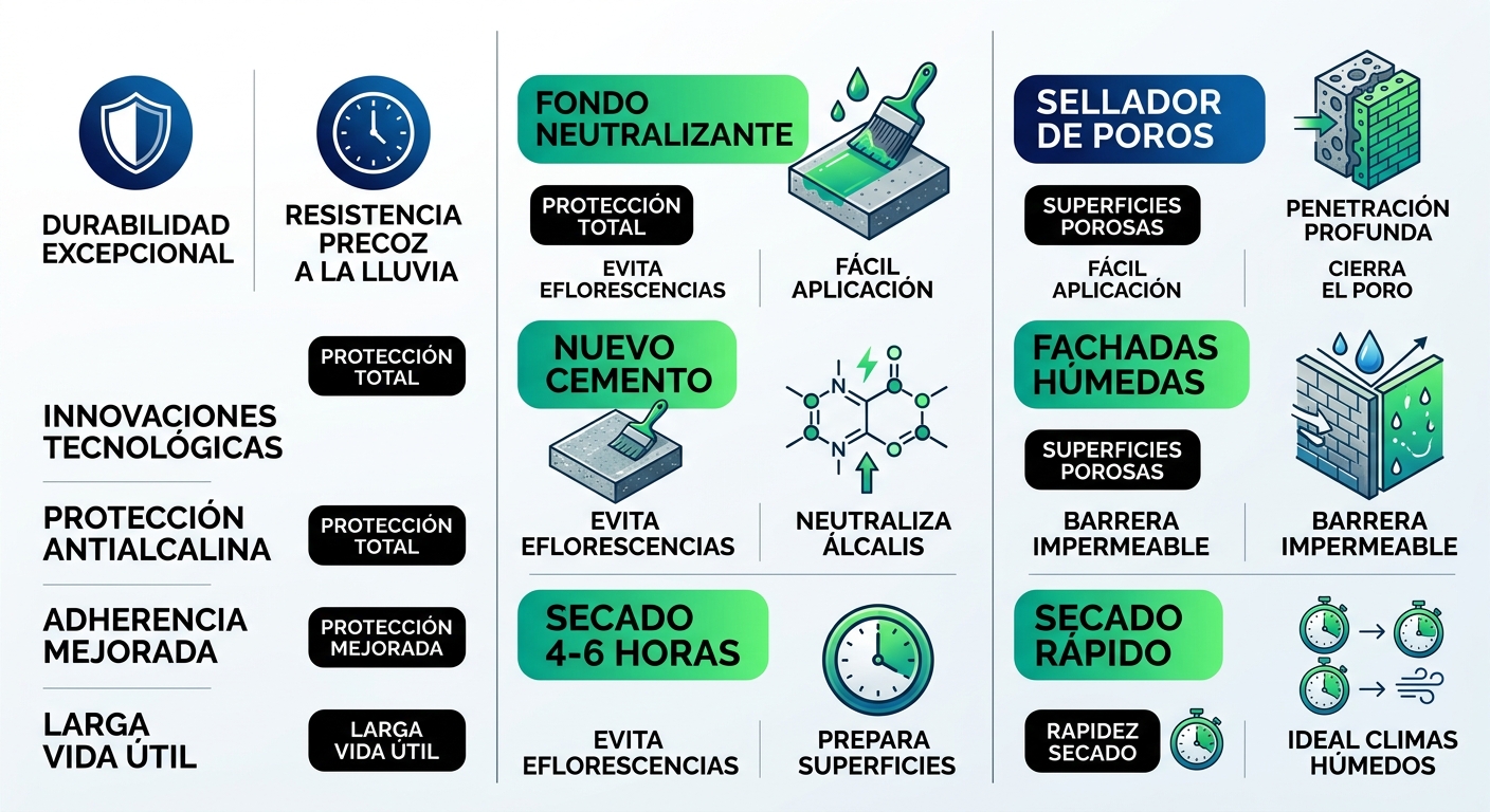 Infografía horizontal comparando fondo y sellador antialcalino con iconos de protección y tiempo, columnas de características y secado.