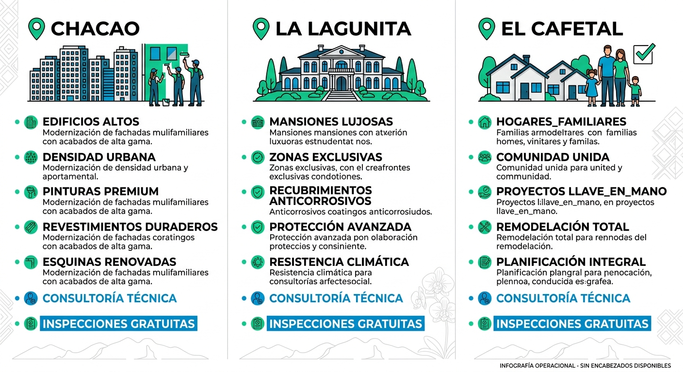 Infografía horizontal comparando remodelaciones en Chacao, La Lagunita y El Cafetal con íconos y características clave