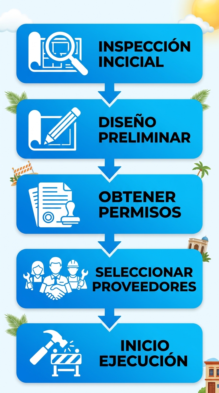 Diagrama de flujo vertical de cinco etapas para iniciar remodelación del hogar en Caracas: inspección, diseño, permisos, proveedores y ejecución.