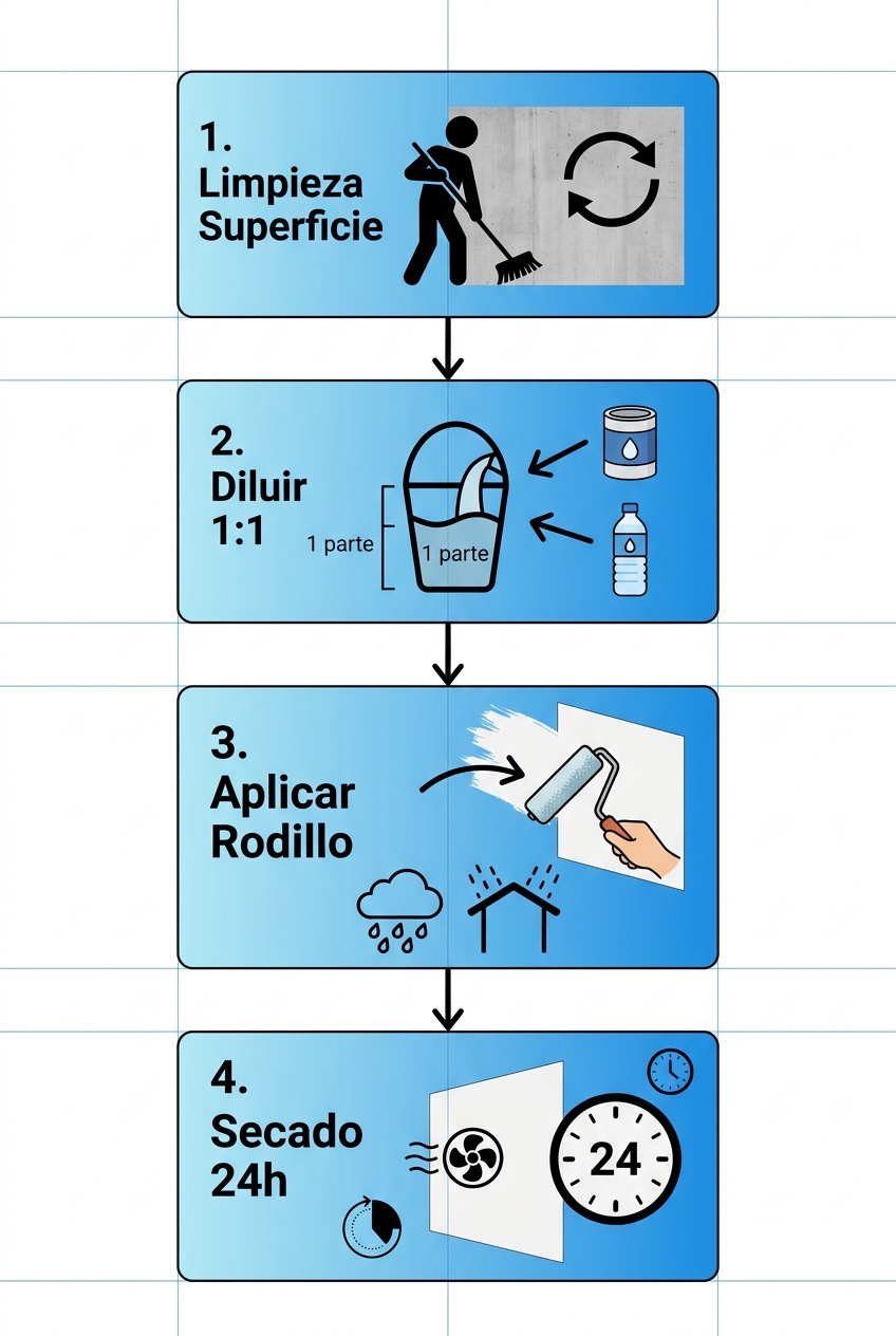 Diagrama de flujo vertical de cuatro etapas para aplicar antialcalino en paredes nuevas
