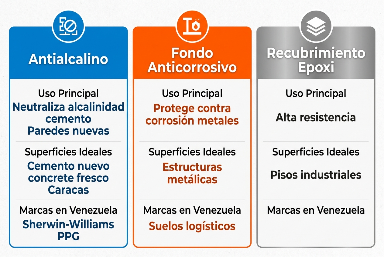 Infografía comparativa de productos Antialcalino, Fondo Anticorrosivo y Recubrimiento Epoxi con usos, superficies ideales y marcas disponibles en Venezuela.