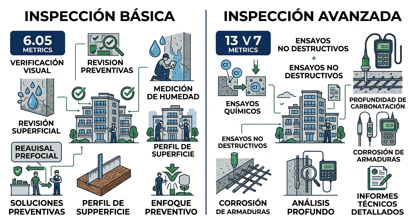 Infografía horizontal comparando inspección técnica básica y avanzada para condominios venezolanos, con íconos de humedad, perfil, cloruros y espesor en azul marino y verde institucional.