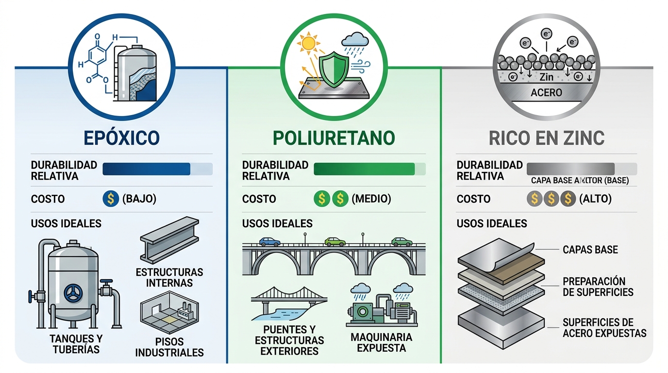 Infografía comparativa de recubrimientos anticorrosivos epóxico, poliuretano y rico en zinc