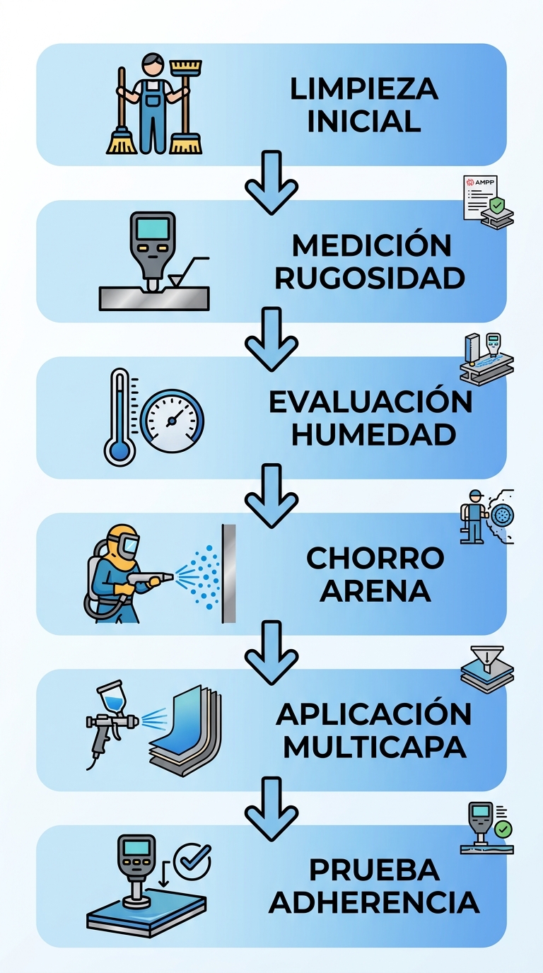 Diagrama de flujo vertical ilustrando 6 etapas clave de inspección y aplicación de recubrimientos anticorrosivos industriales