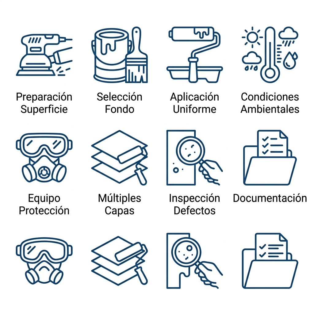 Conjunto de 8 iconos outline en azul ilustrando consejos para aplicaciu00f3n de recubrimientos: preparaciu00f3n superficie, selecciu00f3n fondo, aplicaciu00f3n uniforme, condiciones ambientales, equipo protecciu00f3n, mu00faltiples capas, inspecciu00f3n defectos y documentaciu00f3n.