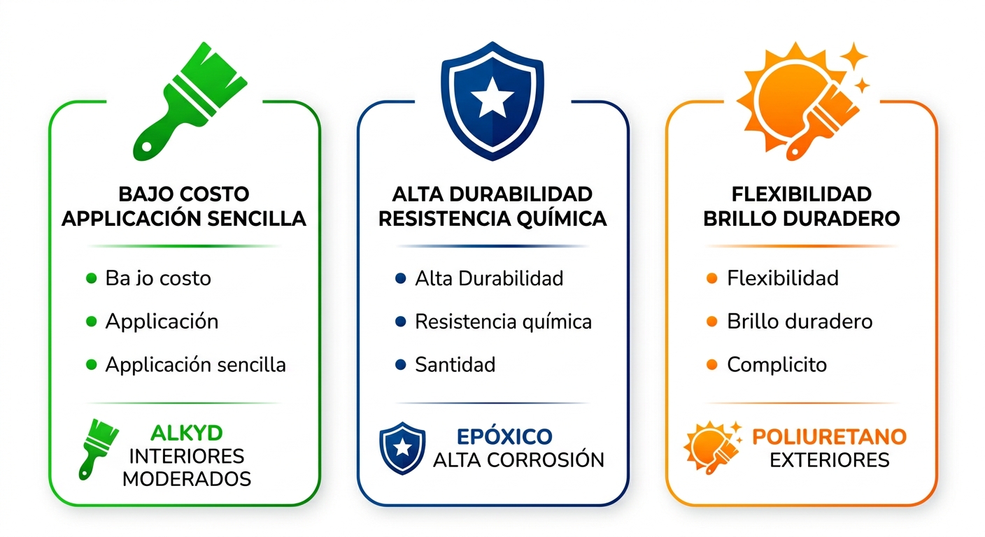 Infografu00eda comparativa de tipos de recubrimientos alkyd epu00f3xico y poliuretano para estructuras metu00e1licas con u00edconos ventajas y colores distintivos