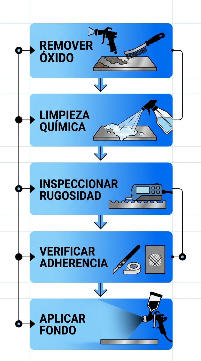 Diagrama de flujo vertical de 5 etapas para preparaciu00f3n efectiva del metal: remociu00f3n de u00f3xido, limpieza quu00edmica, inspecciu00f3n de rugosidad, verificaciu00f3n de adherencia y aplicaciu00f3n de fondo anticorrosivo, con iconos e flechas.