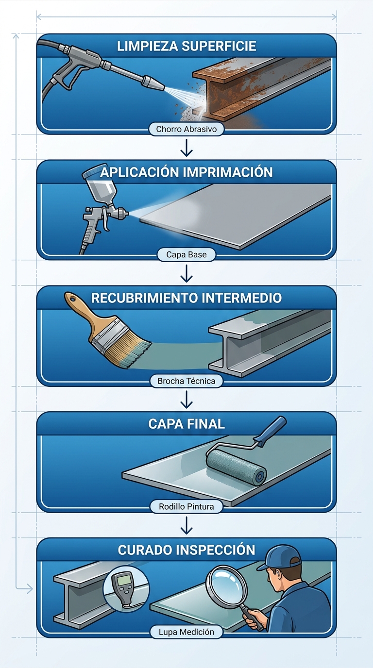 Diagrama de flujo vertical de cinco etapas para preparaciu00f3n y aplicaciu00f3n de pinturas anticorrosivas en metales con u00edconos tu00e9cnicos