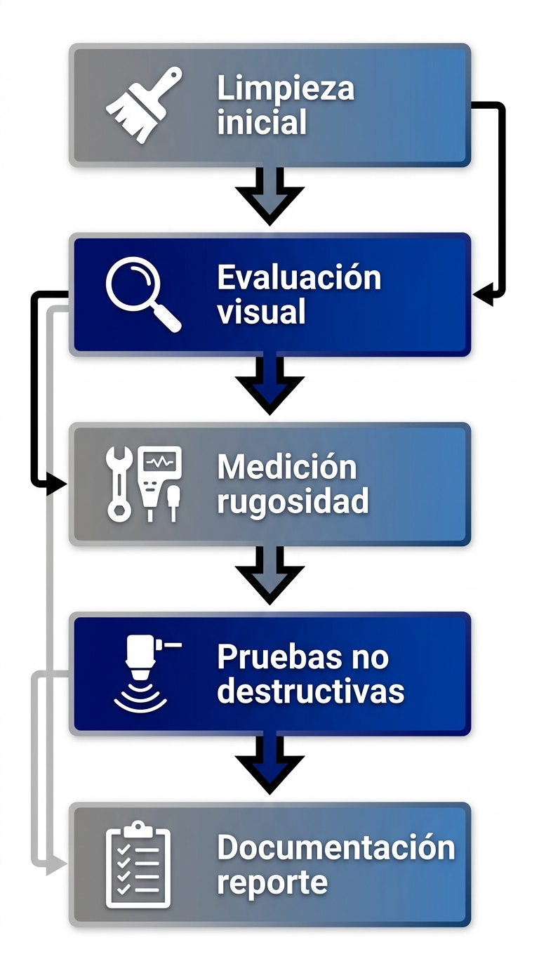 Diagrama de flujo vertical de cinco etapas de inspección de superficies para mantenimiento con coatings: limpieza, evaluación visual de defectos, medición de rugosidad, pruebas no destructivas y documentación.