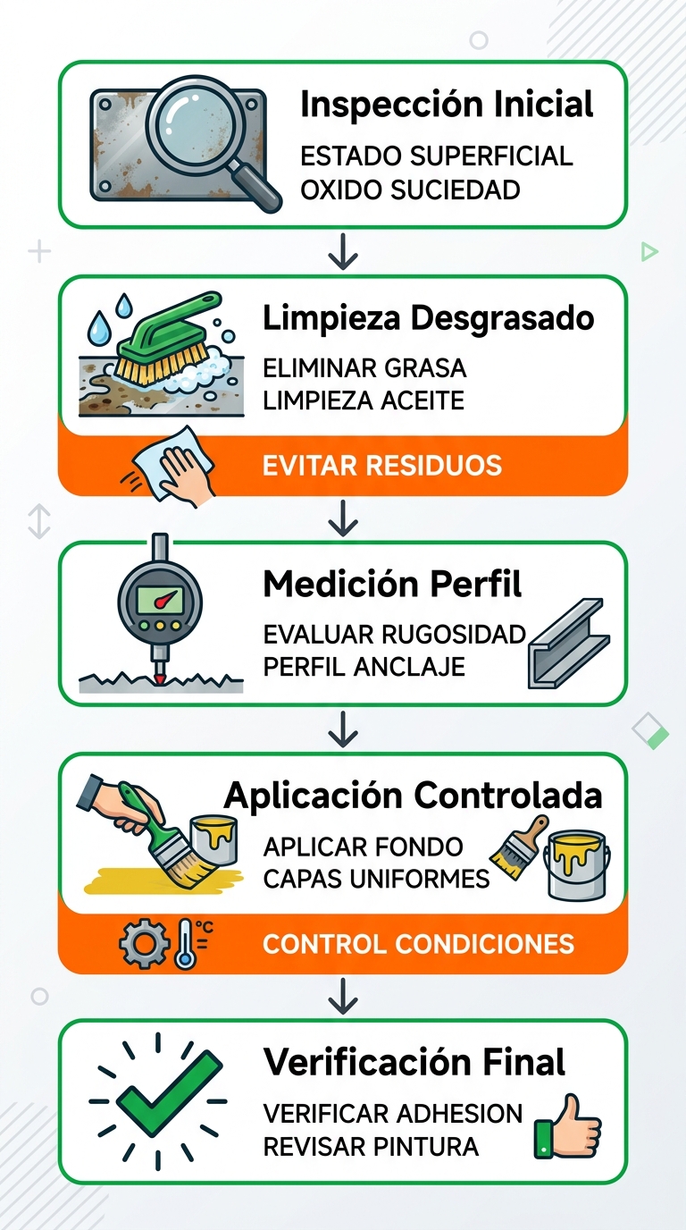 Diagrama de flujo vertical de cinco etapas para mejores prácticas en preparación de superficies y aplicación de fondo cromato de zinc con íconos y colores indicativos.