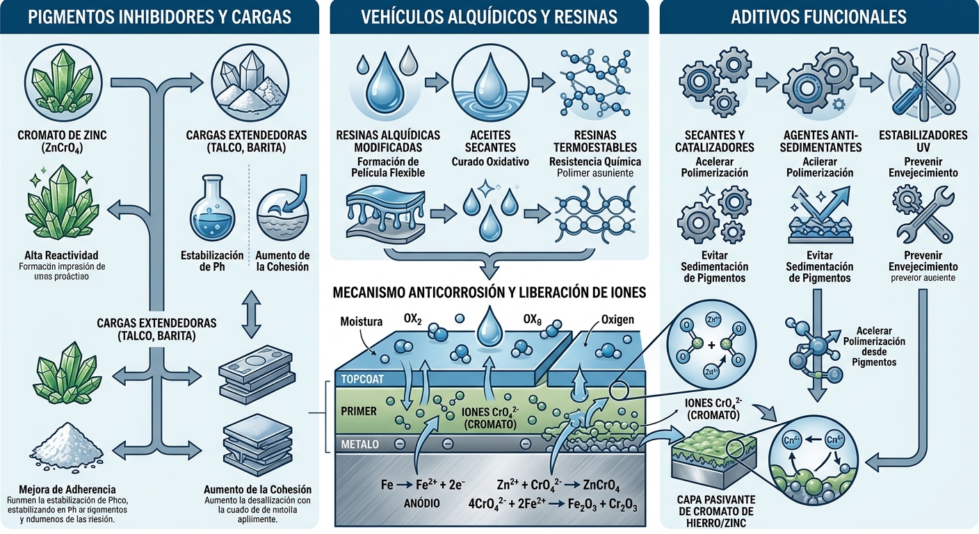 Infografía técnica de la composición del fondo cromato de zinc con pigmentos, vehículos y aditivos, íconos y diagrama anticorrosión