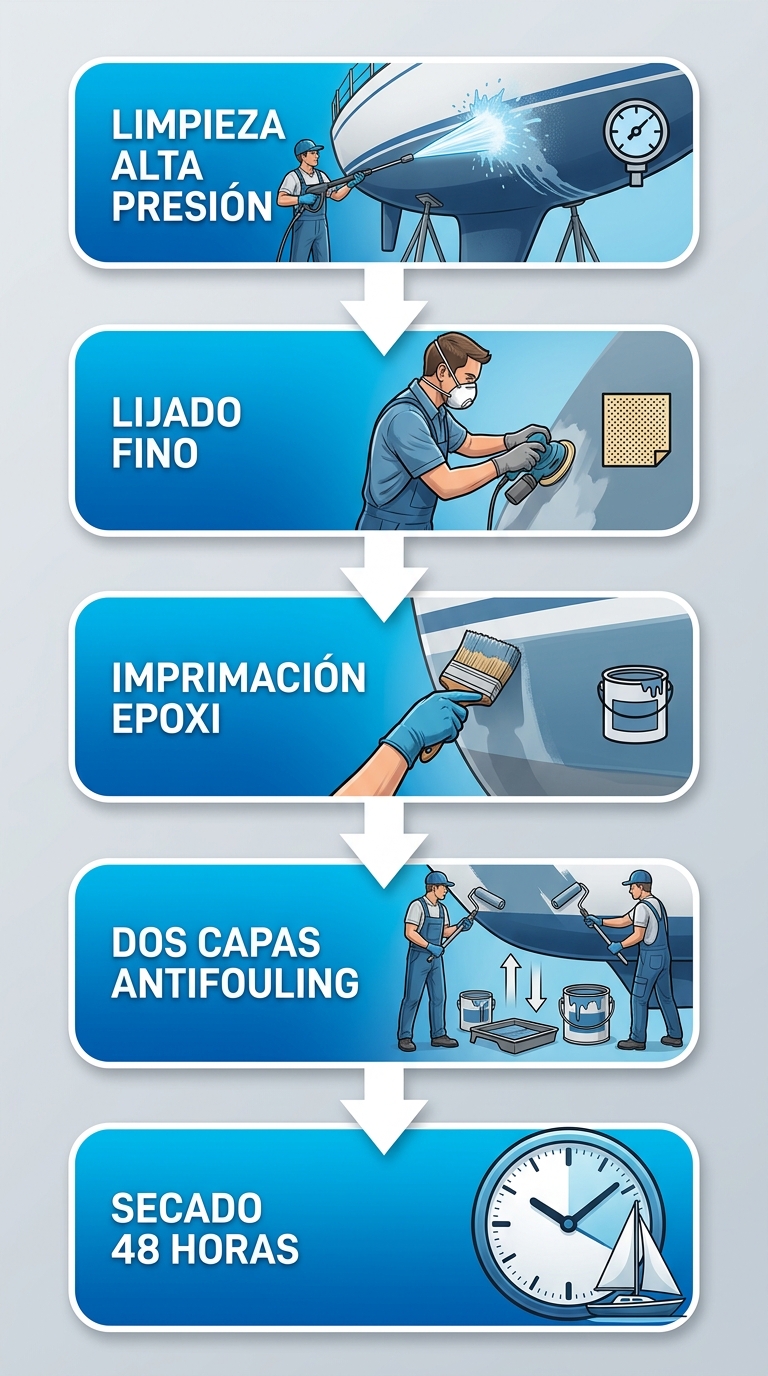 Flujo de proceso vertical con cinco etapas para aplicar pintura antifouling en cascos de barcos