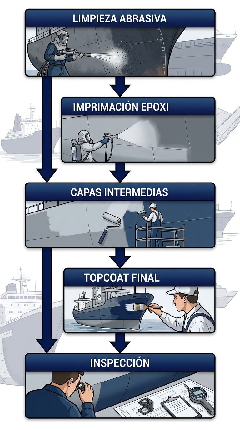 Diagrama de flujo vertical del proceso de aplicación de recubrimientos industriales en barcos con cinco etapas clave