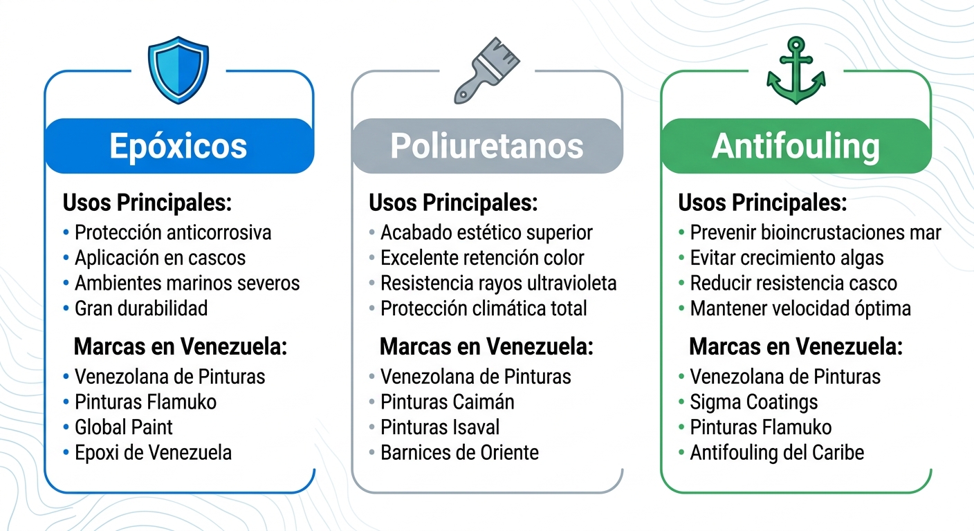 Infografía comparativa de recubrimientos industriales para barcos: epóxicos, poliuretanos y antifouling con íconos y características clave