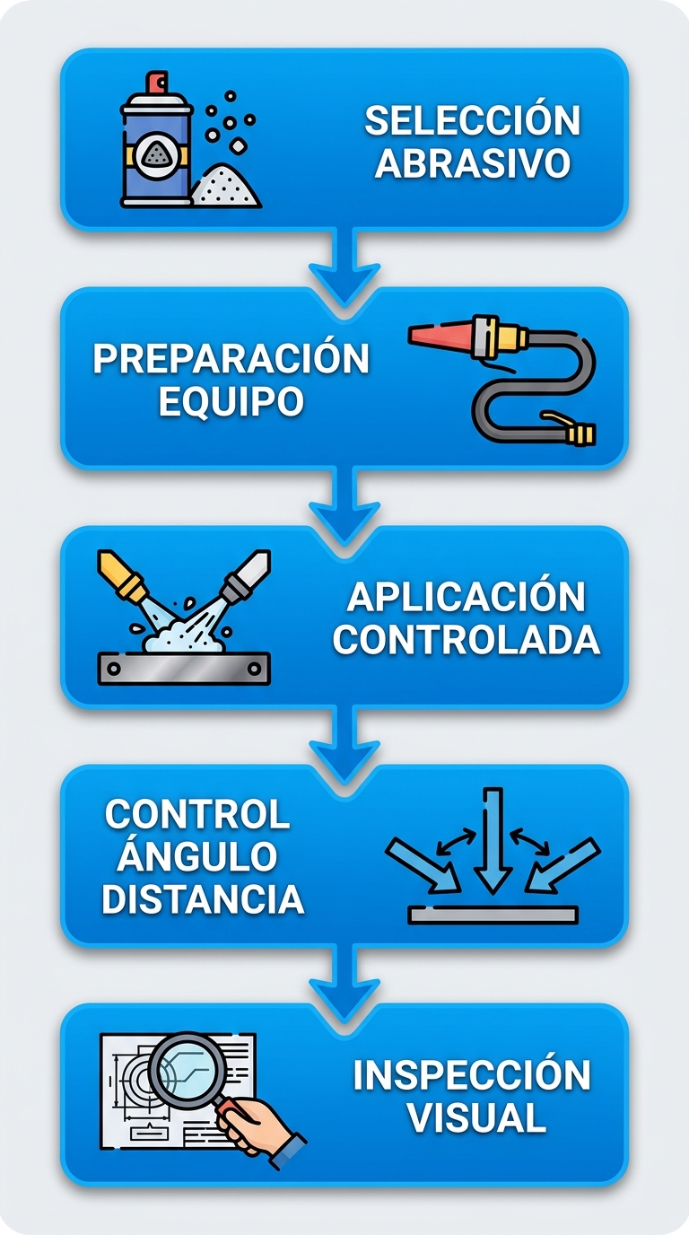 Diagrama de flujo vertical de cinco etapas del proceso de chorreado abrasivo en preparación de superficies con iconos e ilustraciones técnicas.