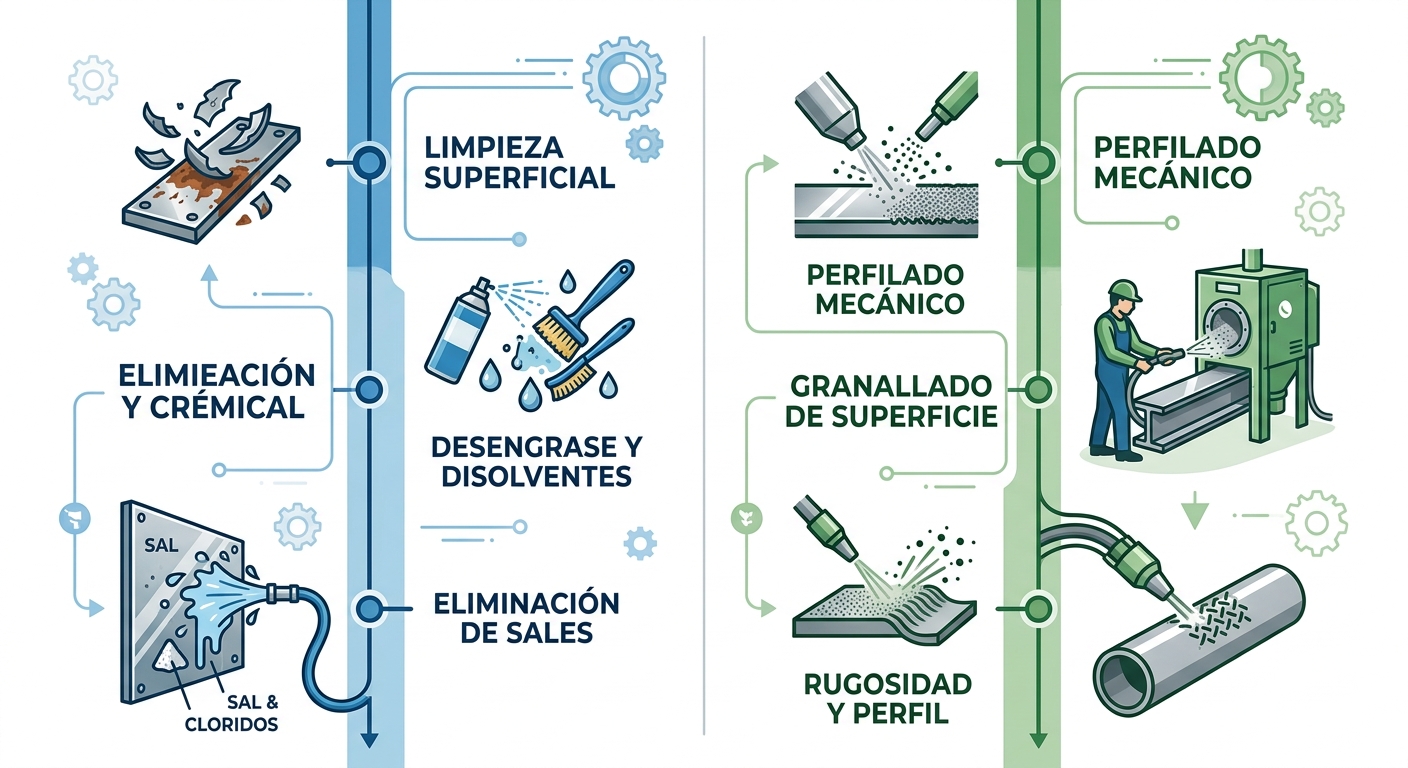 Infografía ilustrando limpieza y perfilado como pilares de preparación de superficies para recubrimientos óptimos