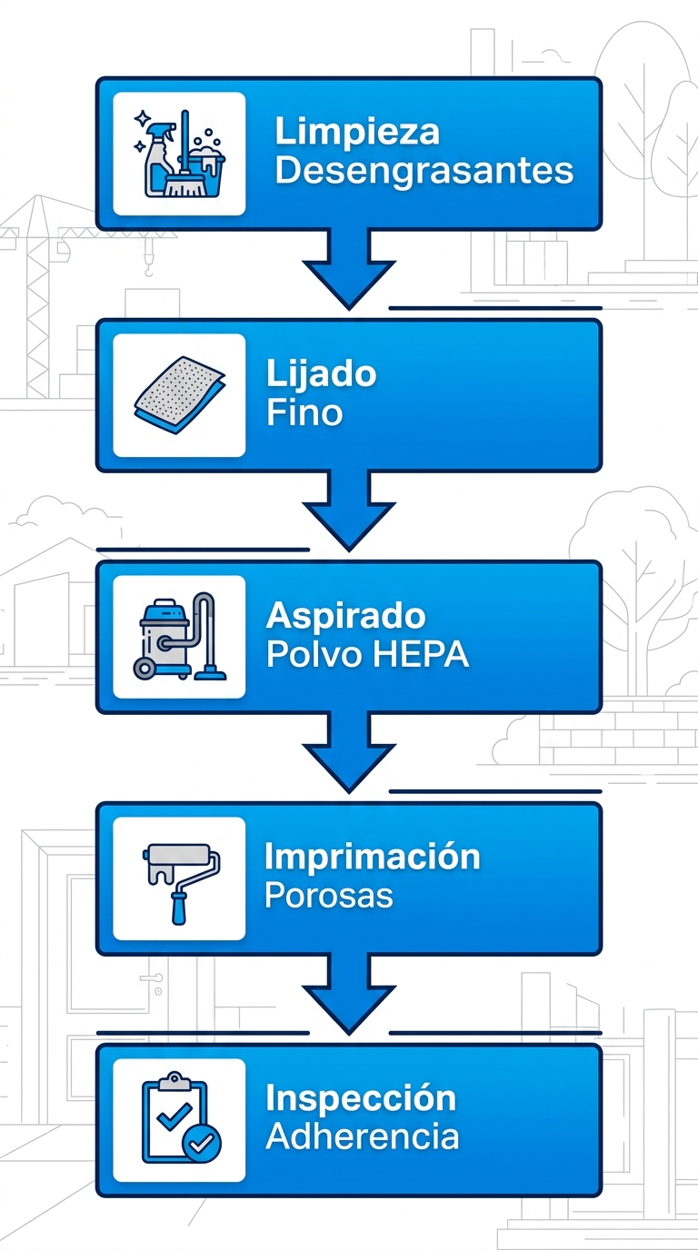 Diagrama de flujo vertical ilustrando los cinco pasos clave para preparar superficies antes de pintar con airless en Venezuela