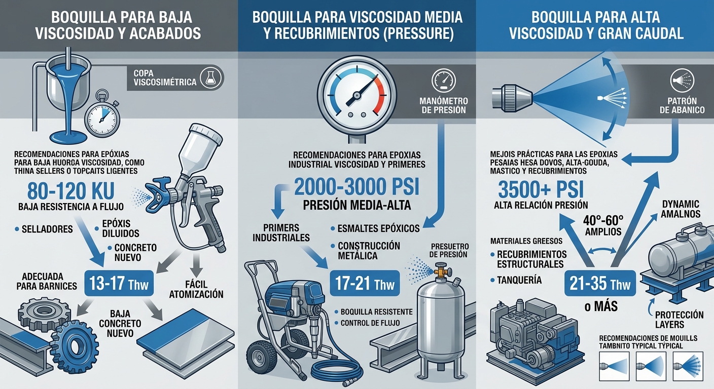 Infografía ilustrada sobre selección de boquillas airless para epoxi por viscosidad, presión y patrón de spray con iconos y flechas.