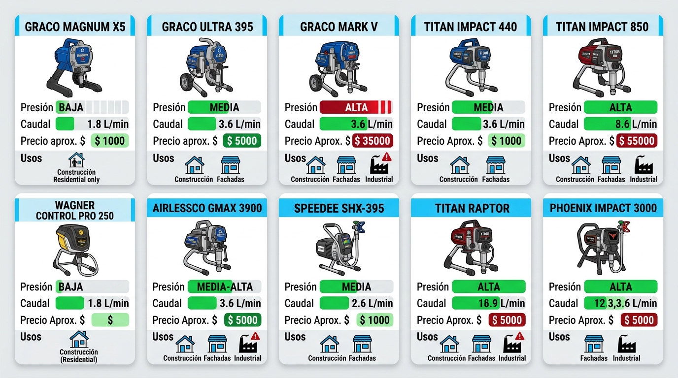 Infografía comparativa horizontal de 10 equipos de pintura airless por presión, caudal, precio y usos recomendados.