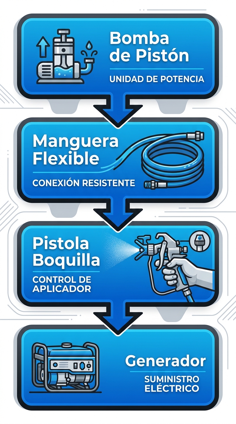 Diagrama de flujo vertical ilustrando componentes de equipo de pintura airless: bomba, manguera, pistola y generador.