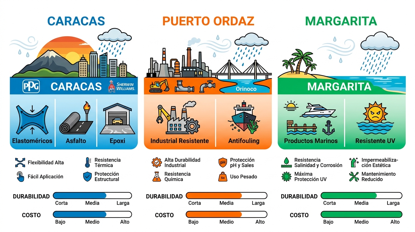 Infografu00eda comparativa de sistemas de impermeabilizaciu00f3n en Caracas, Puerto Ordaz y Margarita