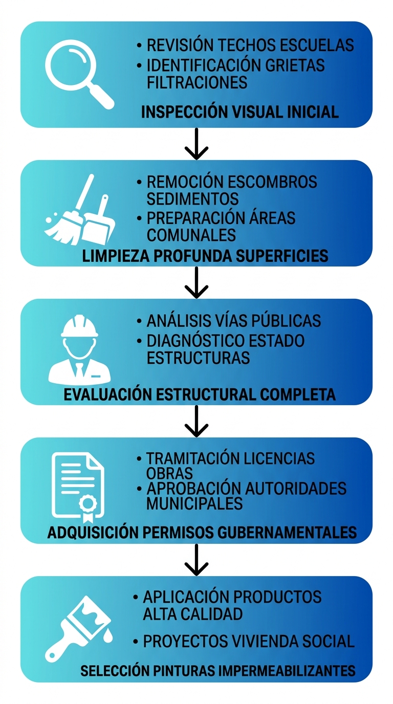 Diagrama de flujo vertical de cinco etapas para impermeabilizar en Caracas con íconos profesionales