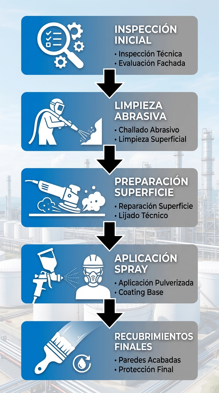 Diagrama de flujo vertical de 5 etapas para limpieza y pintura de fachadas industriales: inspección, chorreado abrasivo, preparación de superficie, aplicación por spray y recubrimientos finales con íconos representativos