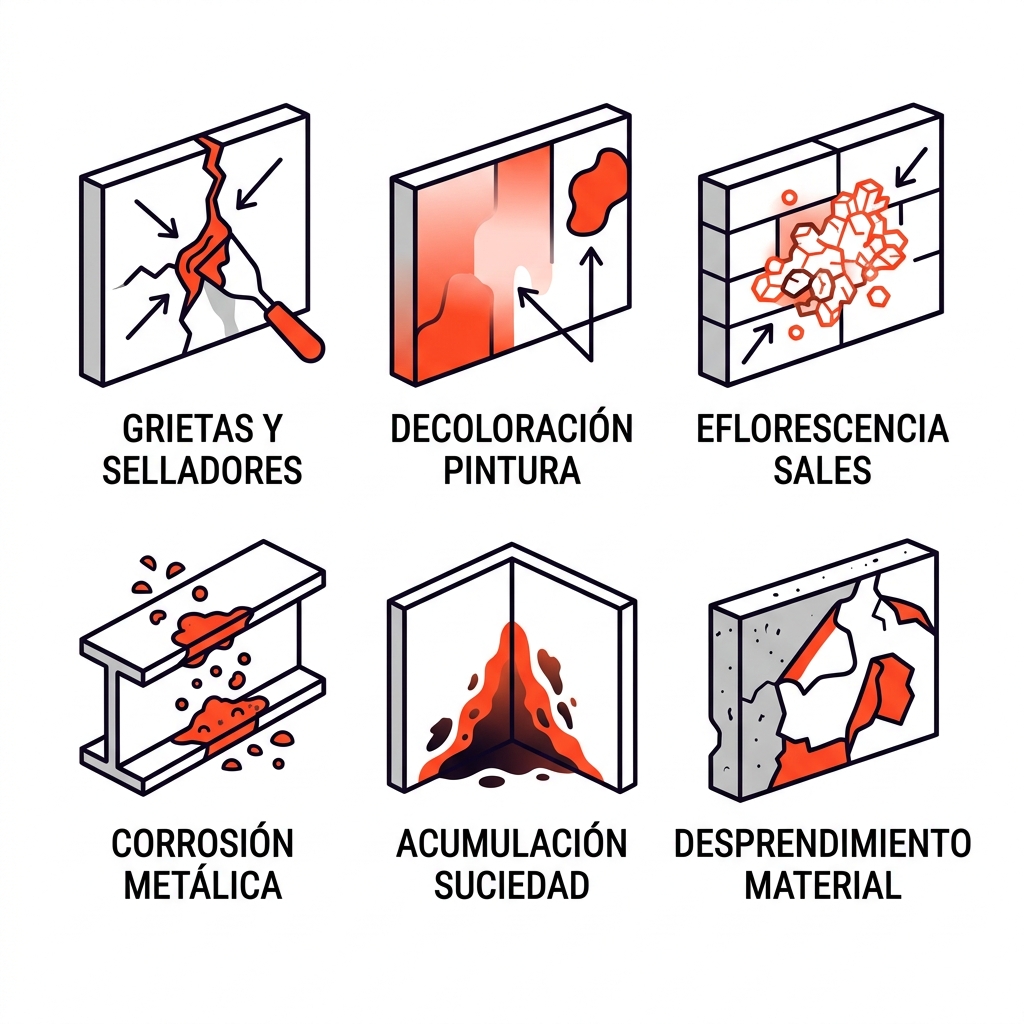 Conjunto de 6 íconos ilustrando señales de deterioro en fachadas industriales: grietas, corrosión, decoloración, suciedad, eflorescencia y desprendimiento.