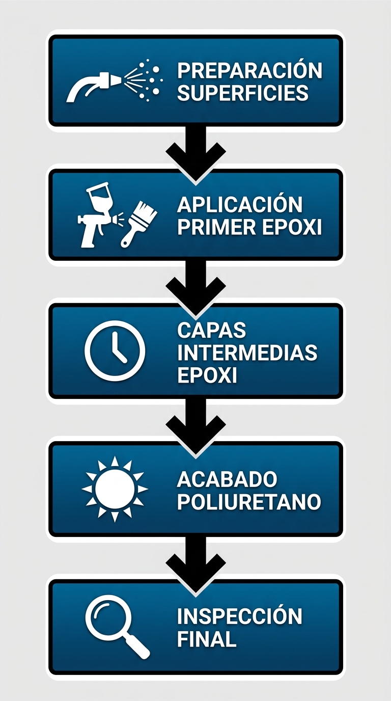 Diagrama de flujo vertical de cinco etapas para aplicación de recubrimientos industriales y marinos: preparación, primer epoxi, capas intermedias, acabado poliuretano e inspección final.