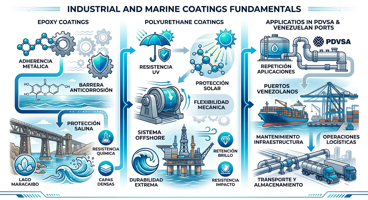 Infografía ilustrando recubrimientos epoxi y poliuretano para protección industrial y marina en Venezuela